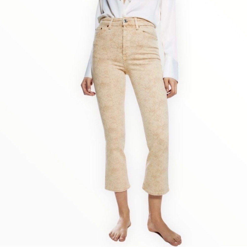 Zara The Dreed Flare Signature Crop Floral Jeans Pants Beige Tan Size 6 Ankle